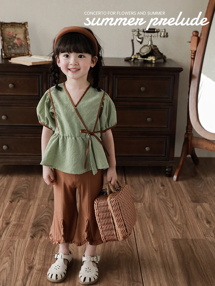 

Girls' V-neck Diagonal Placket Shirt 2023 Summer New Vintage Loose Bow T-shirt Baby Loose Set