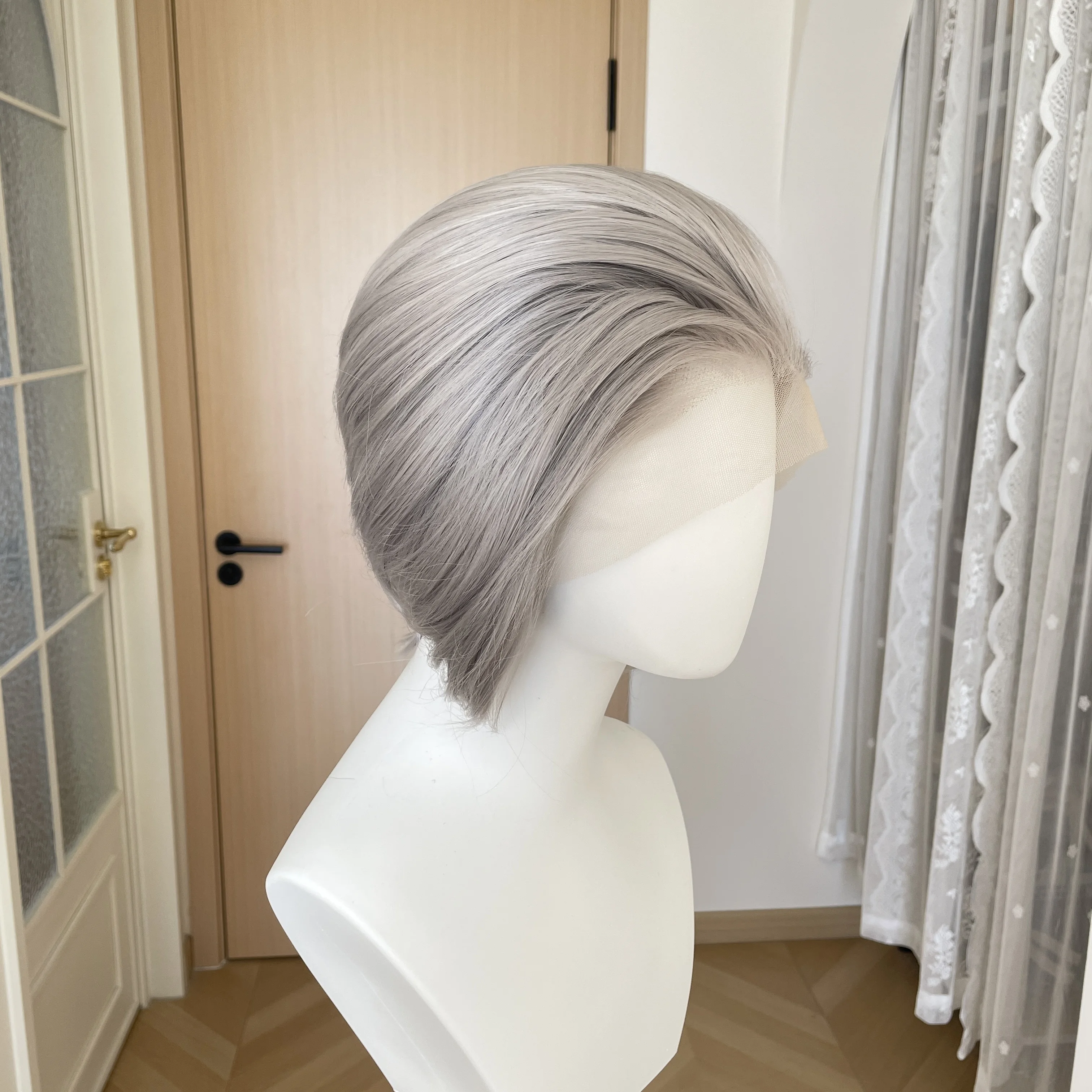 自然な生え際のショートボブカット、合成繊維レースフロントウィッグ（女性用）、コスプレウィッグ（男性用）、シルバーグレー、接着剤不要、13x4レースウィッグ、150-密度