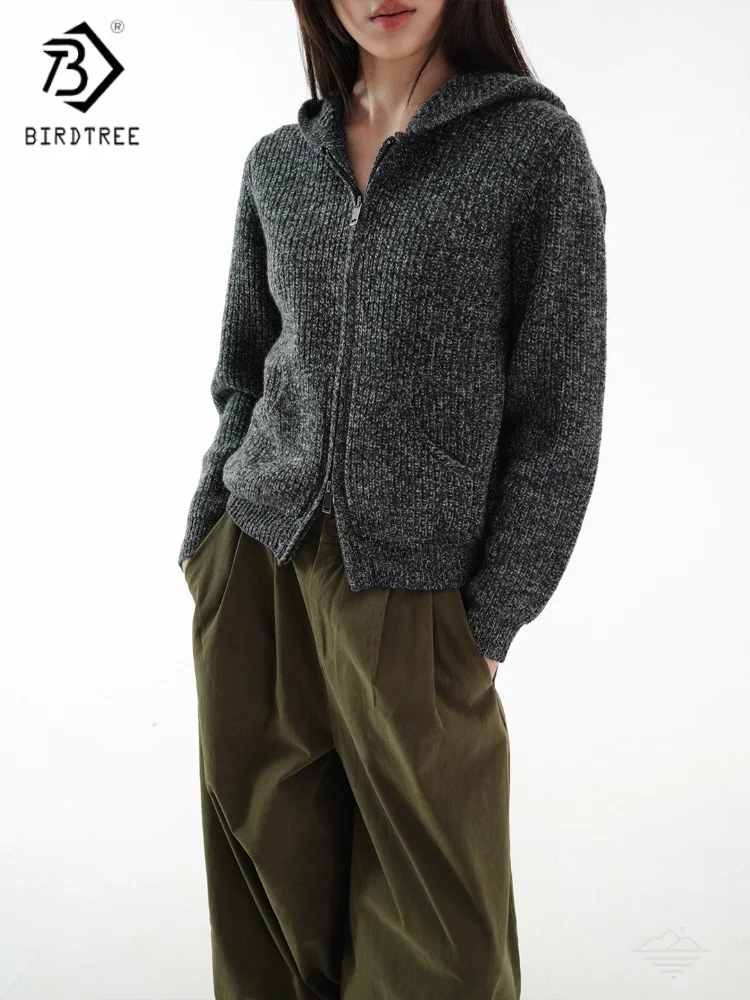 

Birdtree,100% Sheep Wool Double Zipper Knitted Cardigan,Woman Hooded Full Sleeve Warm Sweater,2025 Autumn Winter Coat T5O534JF