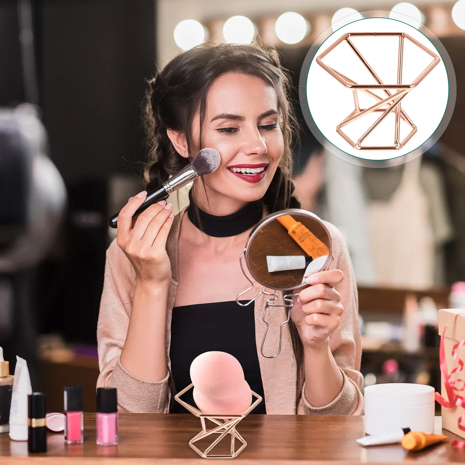 2Pcs Powder Puff Rack Stainless Steel Makeup Sponge Storage Holder Quick Dry Puff Stand Elegant Rose Organizer