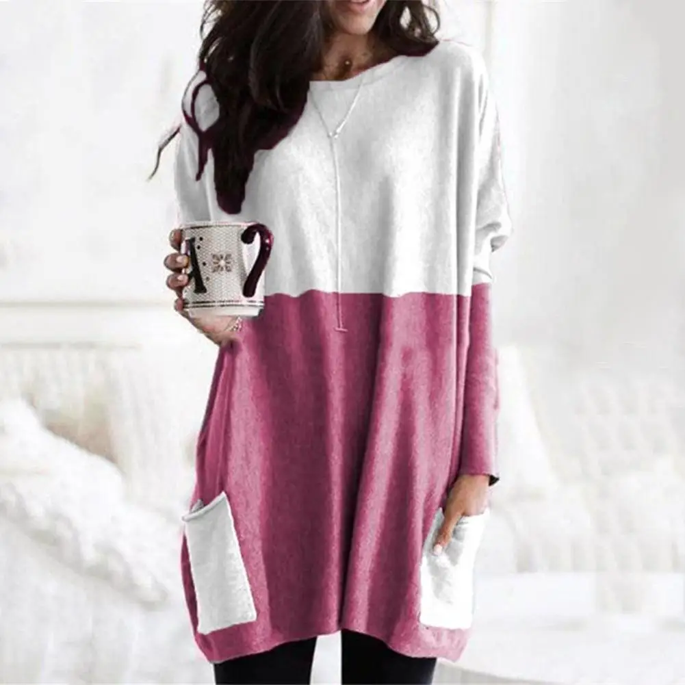 

Comfortable Blouse Color Block Long Sleeve Pullover Tops with Pockets for Women Loose Fit Mid-length Shirt for Daily Wear