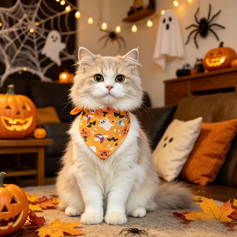 5PCS Color in Random Halloween Dog Bandanas Bulk Pet Bibs Colorful Triangle Scarf Pet Bandanas for Small Cats Dogs Halloween Par