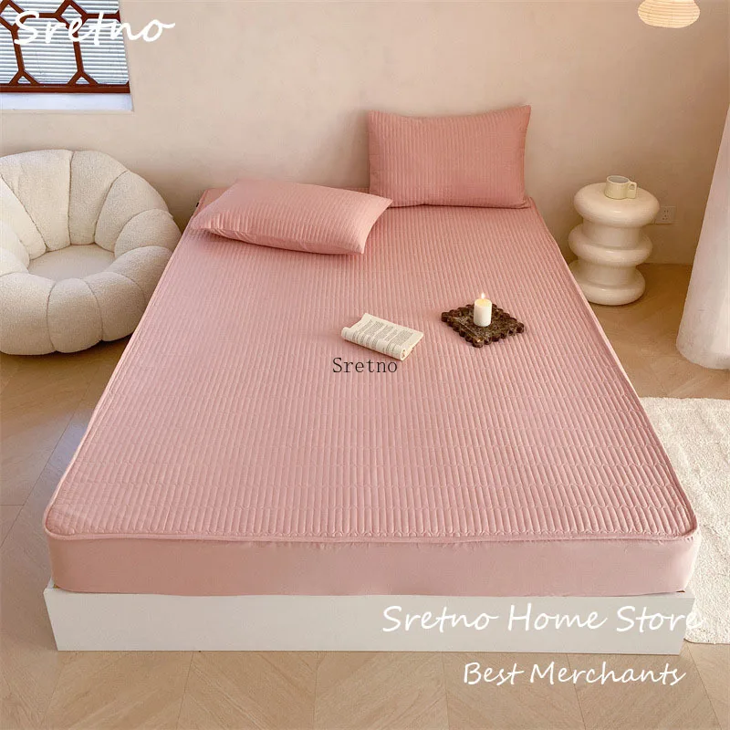

SRETNO Nordic Style Solid Color Pure Cotton Fitted Sheet Mattress Protector Cover Washable Bed Sheet Cover with 2 Pillowcases