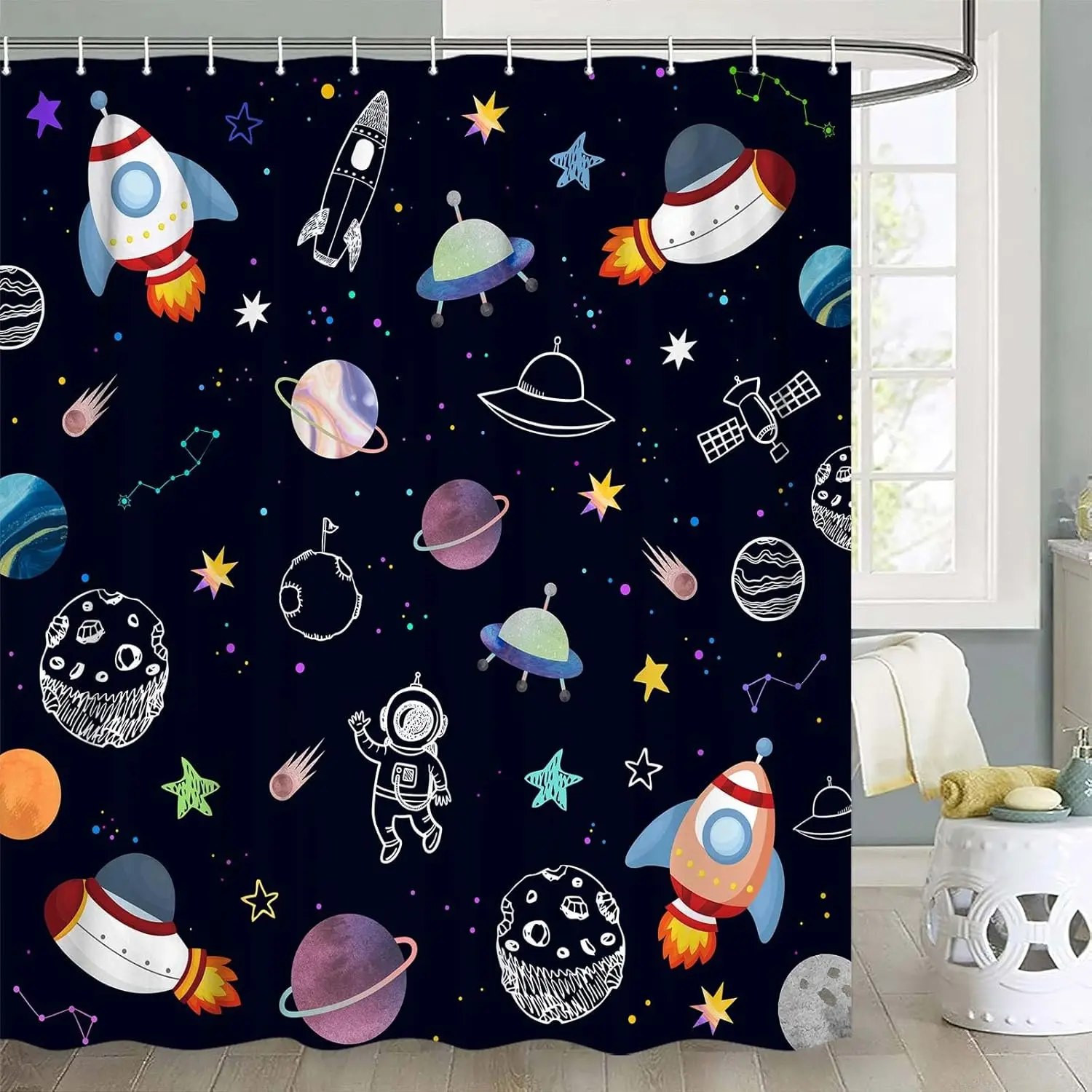 Cortina de ducha del espacio exterior para niños, divertidas cortinas de ducha de astronauta con dibujos de cohetes, planeta, sol, cielo estrellado, universo galaxia