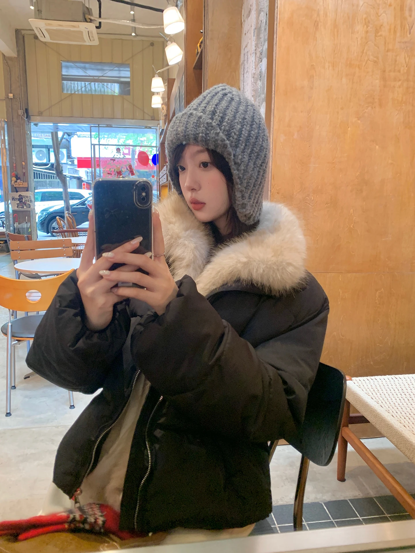 

White And Black Cotton Jacket Women's Loose Fit with Fur Collar Korean Style Commute Pure Color Small Size Premium Feeling
