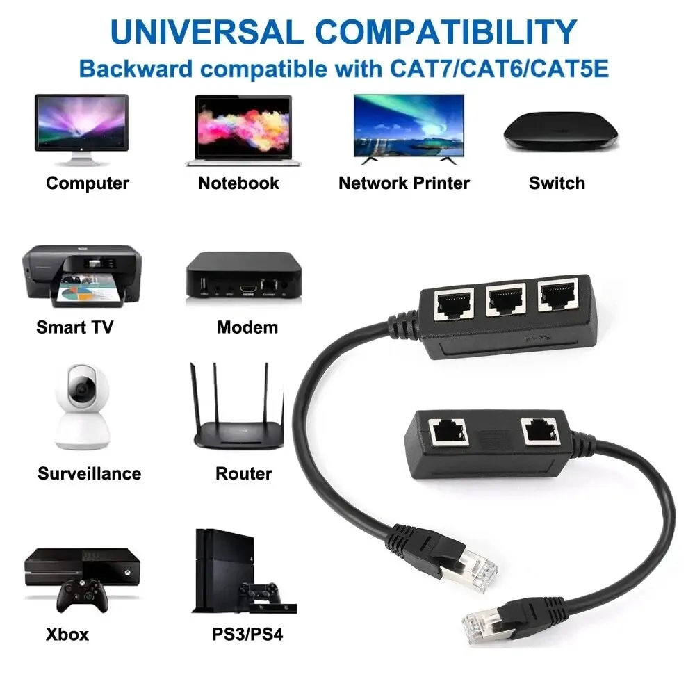 Conector divisor RJ45 de 1 a 2 / 1 a 3 vías, adaptador de red Cat5, Cat6, Cat7, Cable Ethernet LAN para extensión de red