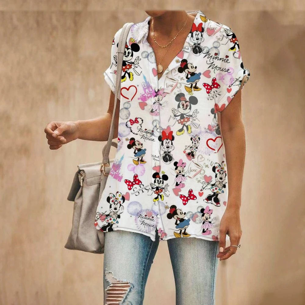 Summer 2022 New Street Style Disney Brand Mickey and Minnie Anime Short Sleeve Shirts Fashion Casual Ladies Kawaii Tops y2k