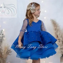 Child Girl Birthday Dress Pearls Royal Blue Party Dresses Tiered Organza Long Sleeves Puffy Flower Girl Dresses For Weddings