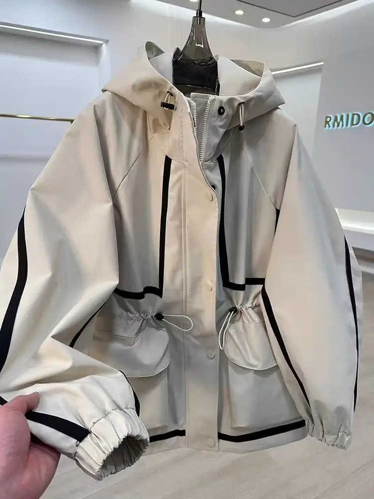 European Style Hooded Ribbon Stitching Contrast Jacket Women's Slim Fit Casual Fashion Coat Outdoor Short Trench Overcoat Female