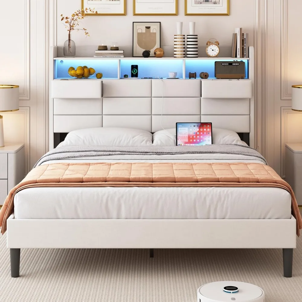 Queen Size LED Bed Frame with Storage Headboard, 2 Hidden Drawers, and Charging Station, Velvet Upholstered Bed with LED Lightin