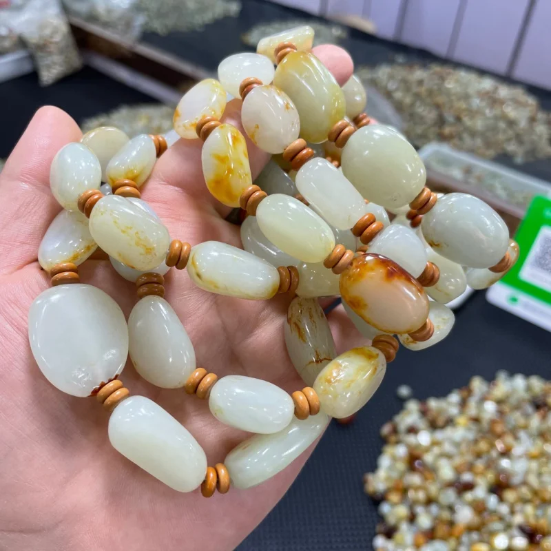 Xinjiang Hetian Jade Pebble Rough Stone Bracelet Scattered Beads Accessories Yellow Red Infusion Leather