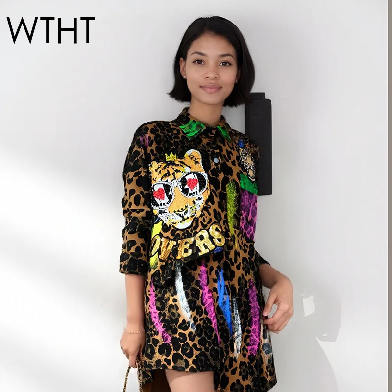 

WTHT Fashion Trendy Women Leopard Nail Beading Irregular Graffiti Design Shirt 2025 Summer New Long Sleeve Blouse Female 1LS2180
