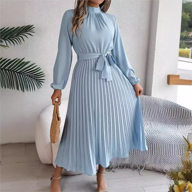 Autumn And Winter Elegant Stand Up Collar Long Sleeved Waist Cinched Pleated Long Skirt Small Dress Women's Solid Maxi Dresses