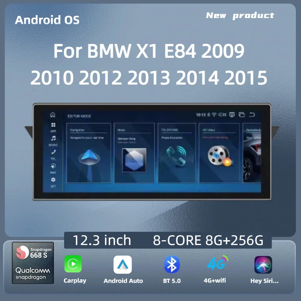 

For BMW X1 E84 2009 2010 2012 2013 2014 2015 Car Radio 12.3 inch Android 14 4G Wireless Carplay Snapdragon 680 Head Unit Screen