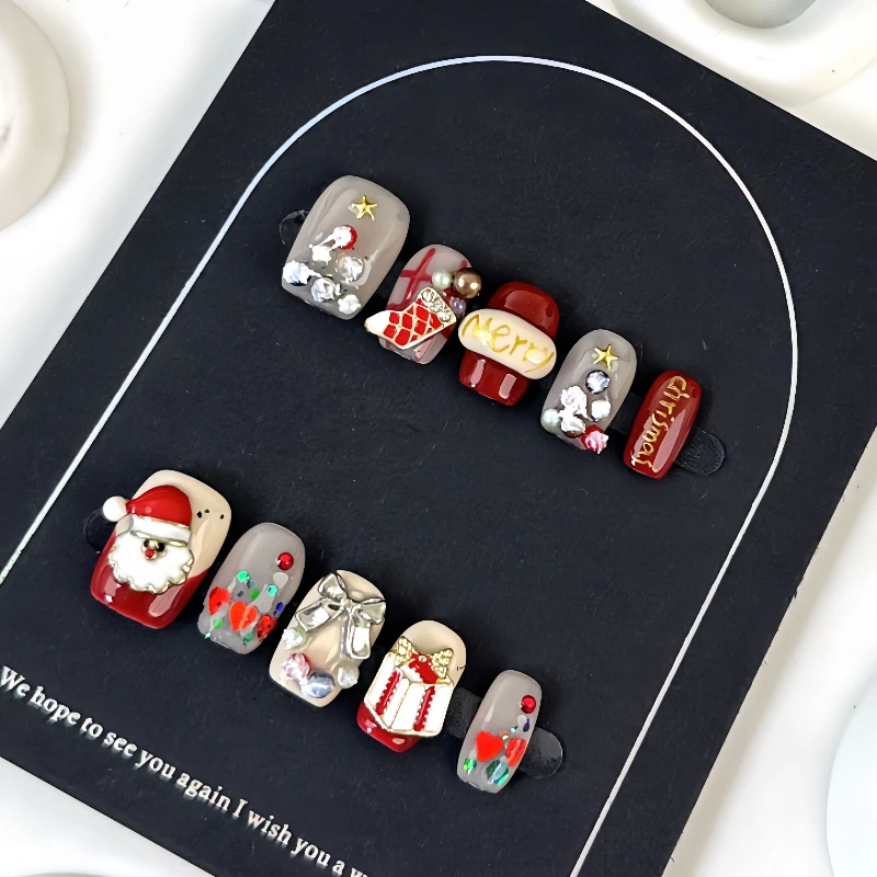 10pcs Christmas False Nail Long Ballet Nail Extension Full Nail Cover Manicure Gingerbread Man Wearable Press On Fake Nail Decor