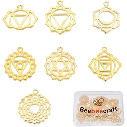 28Pcs 7 Style 18K Gold Plated Chakra Charms Yoga OM Inspirational Hollow Jewelry Making Findings for DIY Necklace Bracelet