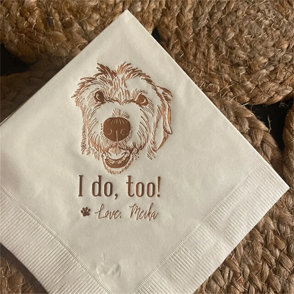 50PCS Custom Illustrated Dog Wedding Napkins, Bridal Shower, Engagement Party, Custom Bar Napkins, Custom Pet Wedding Napkins