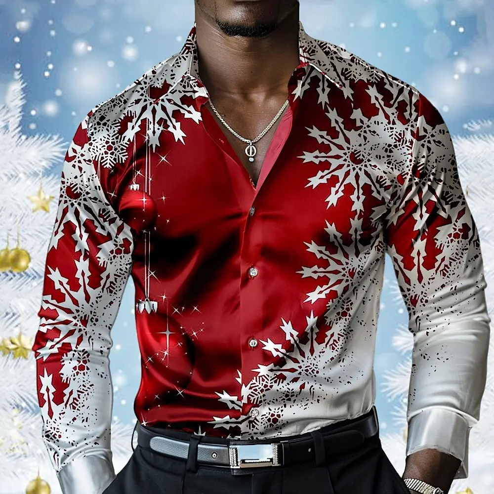 Fashion Christmas Style Men's Shirt 3D Snowflake Print New Year Gift X'mas Clothing Autumn Casual Lapel Button Long Sleeve Tops