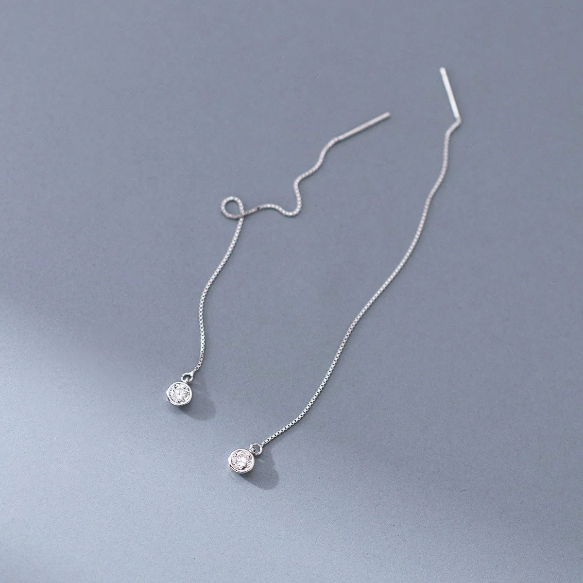 925 Sterling Silver Threader Drop Earrings Single Round Zircon Long Chain Pull Through Ear Line Dainty  Long Earrings