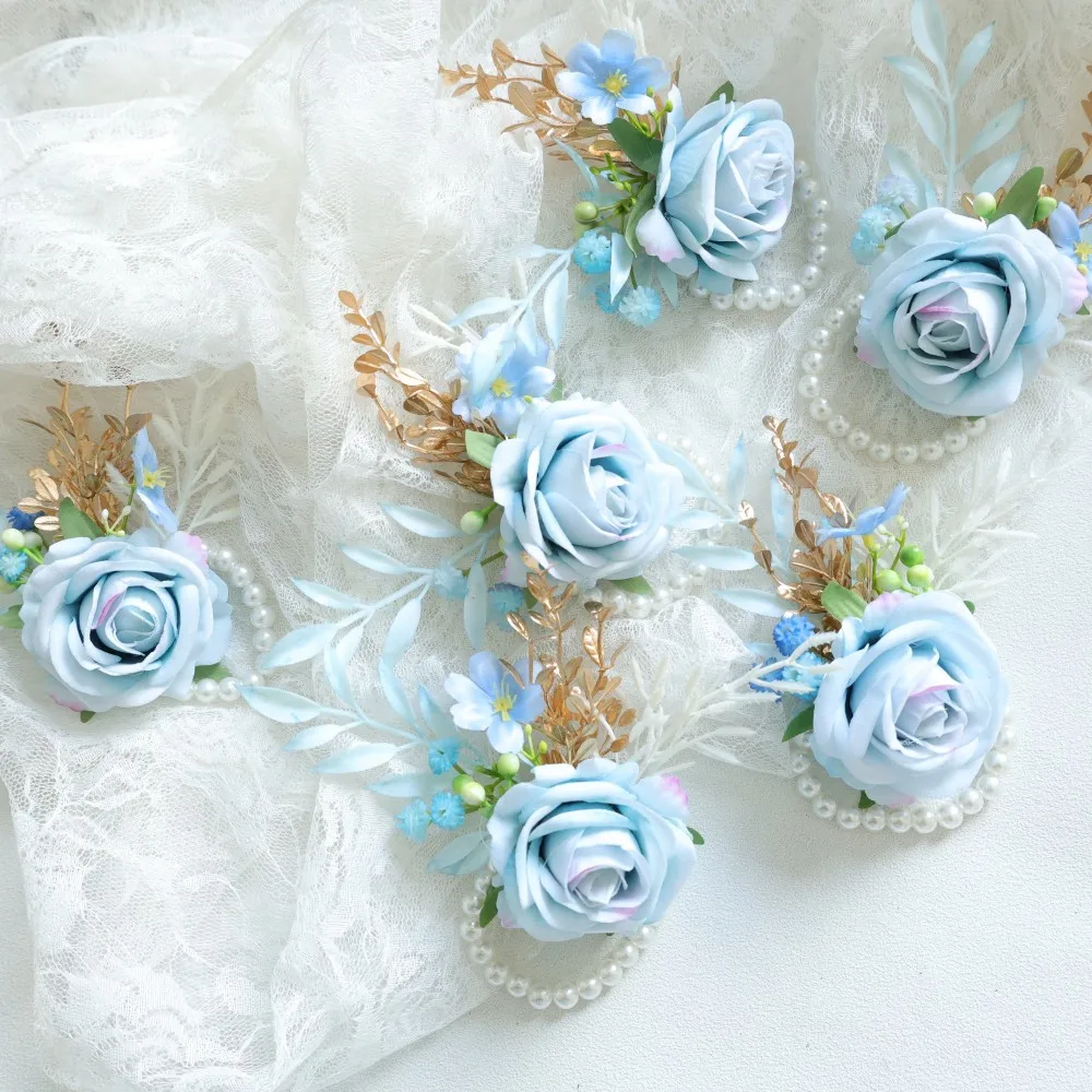 صدار المعصم الأزرق وزهرة العروة على المعصم للعروس وصيفة العروس الزفاف العروة للرجال العريس وصيف الزفاف #4