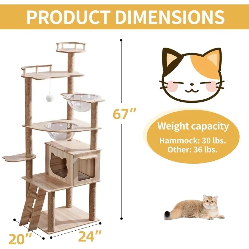 Multi-Level Cat Condo with Cat's nest, 2 Hammocks, 15 Scratching Posts, Cat Jumping Platform, Toys, Tower with 2Clear Bowl-67in