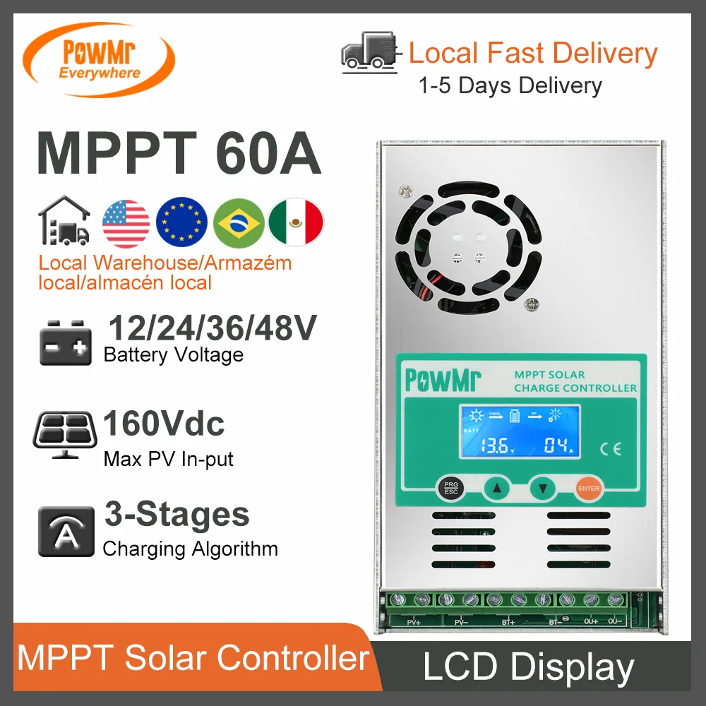 MPPT 60A Solar Charger Controller LCD 12V 24V 36V 48V Auto Max Solar Panel PV Input 160Vdc Support  LiFepo4 EU BR US Local Stock