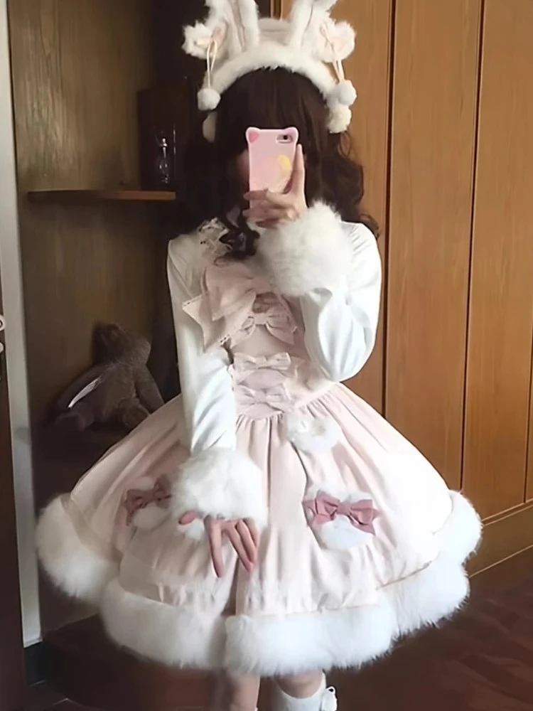 Harajuku Sweet Kawaii Winter 2 Piece Set Women Design Rabbit Ear Cloak Coat + Pink Strap Skirts Japanese Cute Bow Lovely Outfits image 6
