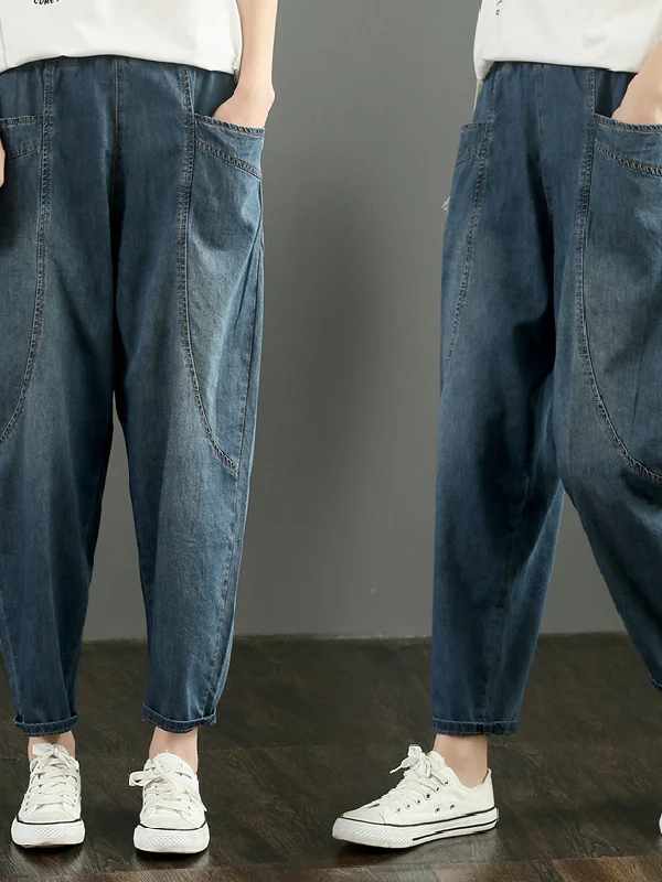 กางเกงยีนส์เอวสูงผ้ายืดสำหรับผู้หญิง แฟชั่นฤดูร้อน ทรงสลิมหลวม สไตล์ลำลอง ทรงฮาเร็ม ผ้าบาง สีเข้ม ความยาวเก้าส่วน