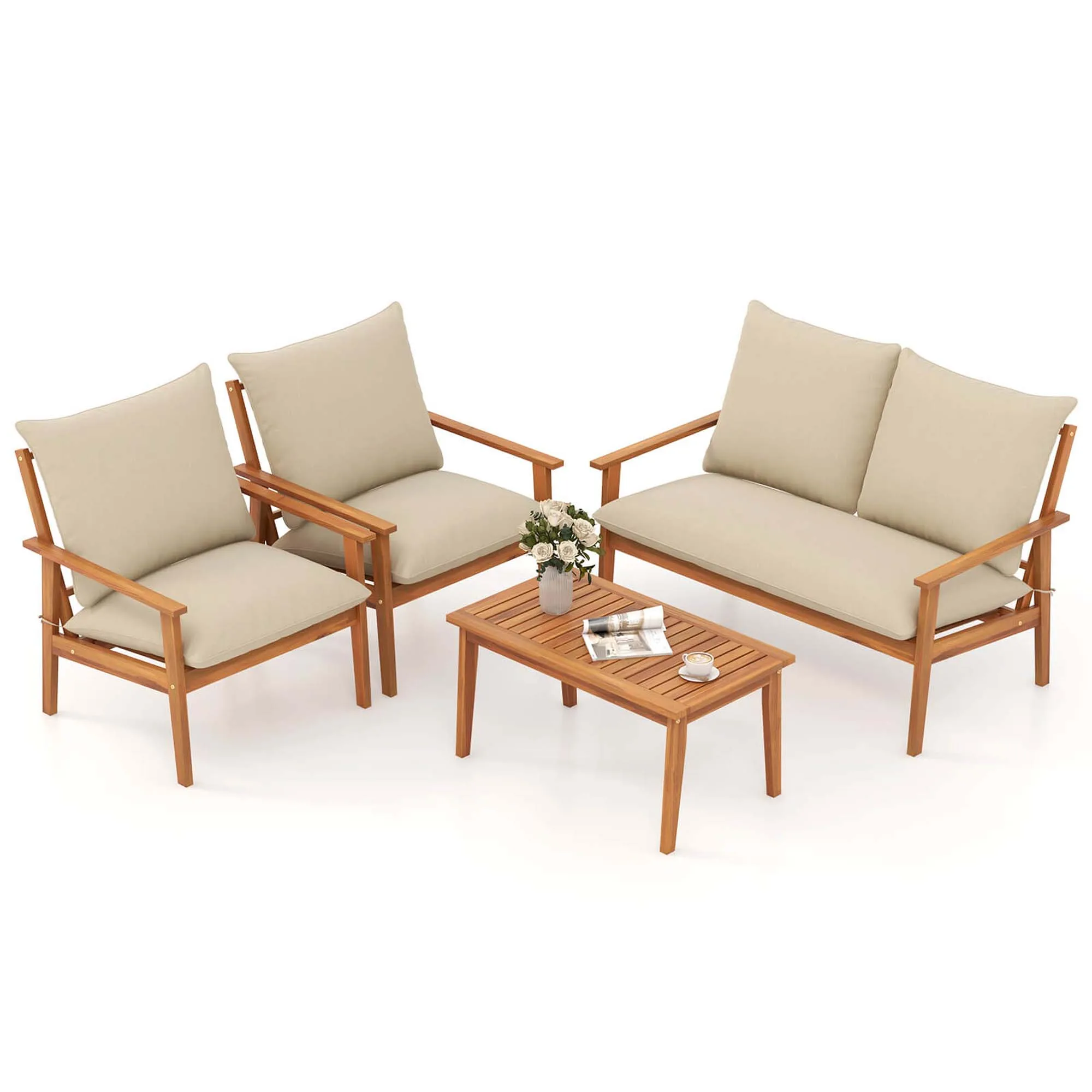 4 PCS Acacia Wood Patio Furniture Set with Soft Cushions and Coffee Table