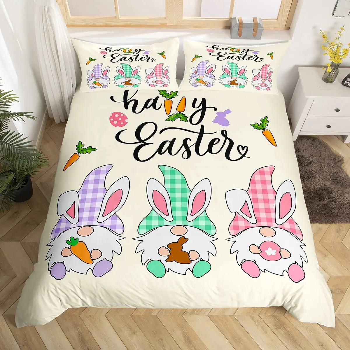 Pink Cherry Blossom Duvet Cover Happy Easter Theme Rabbit Ear Easter Eggs Bedding Set Polyester Butterfly Flower Comforter Cover