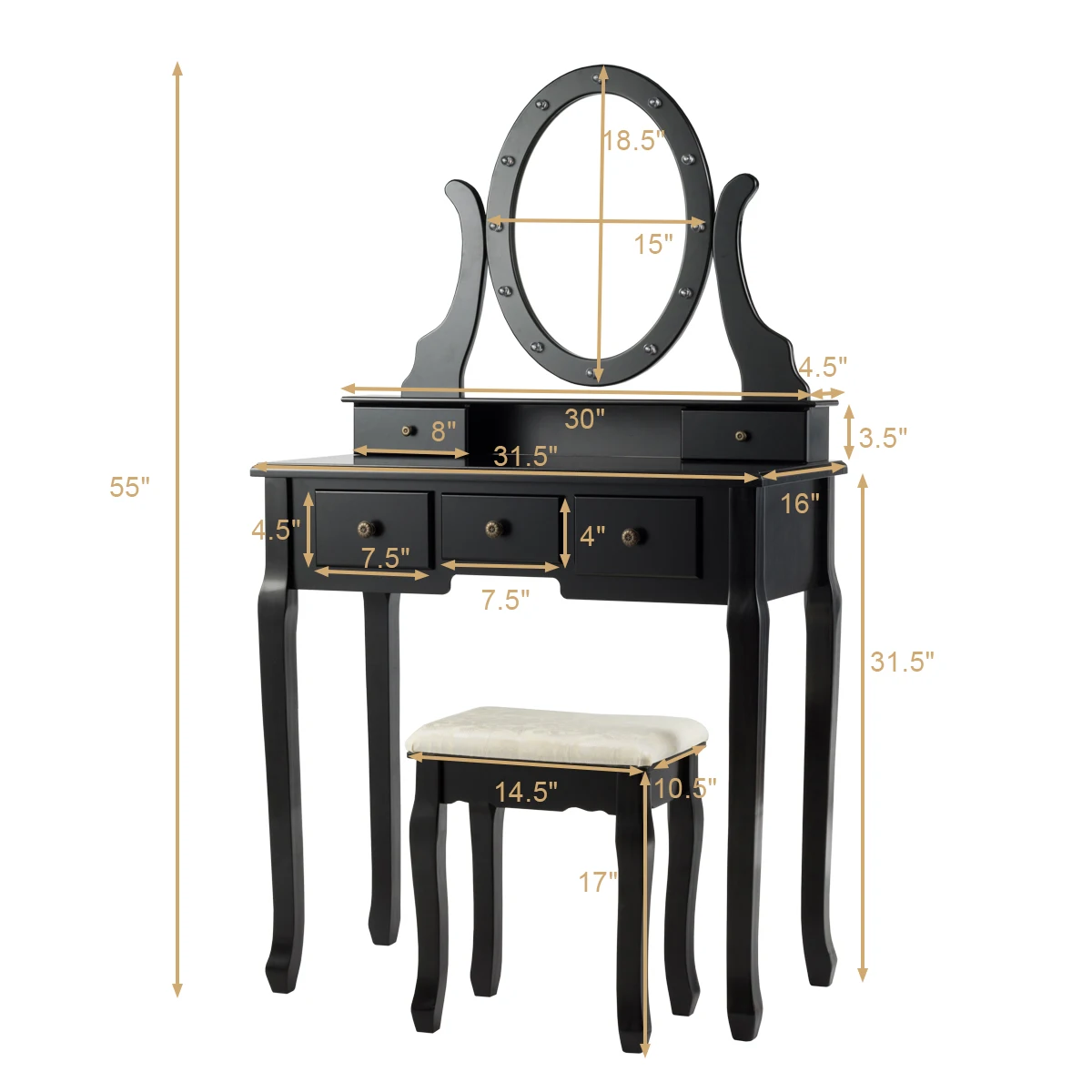 Vanity Set Makeup Dressing Table W/5 Drawers & Lighted Mirror 12 LED Bulbs Black