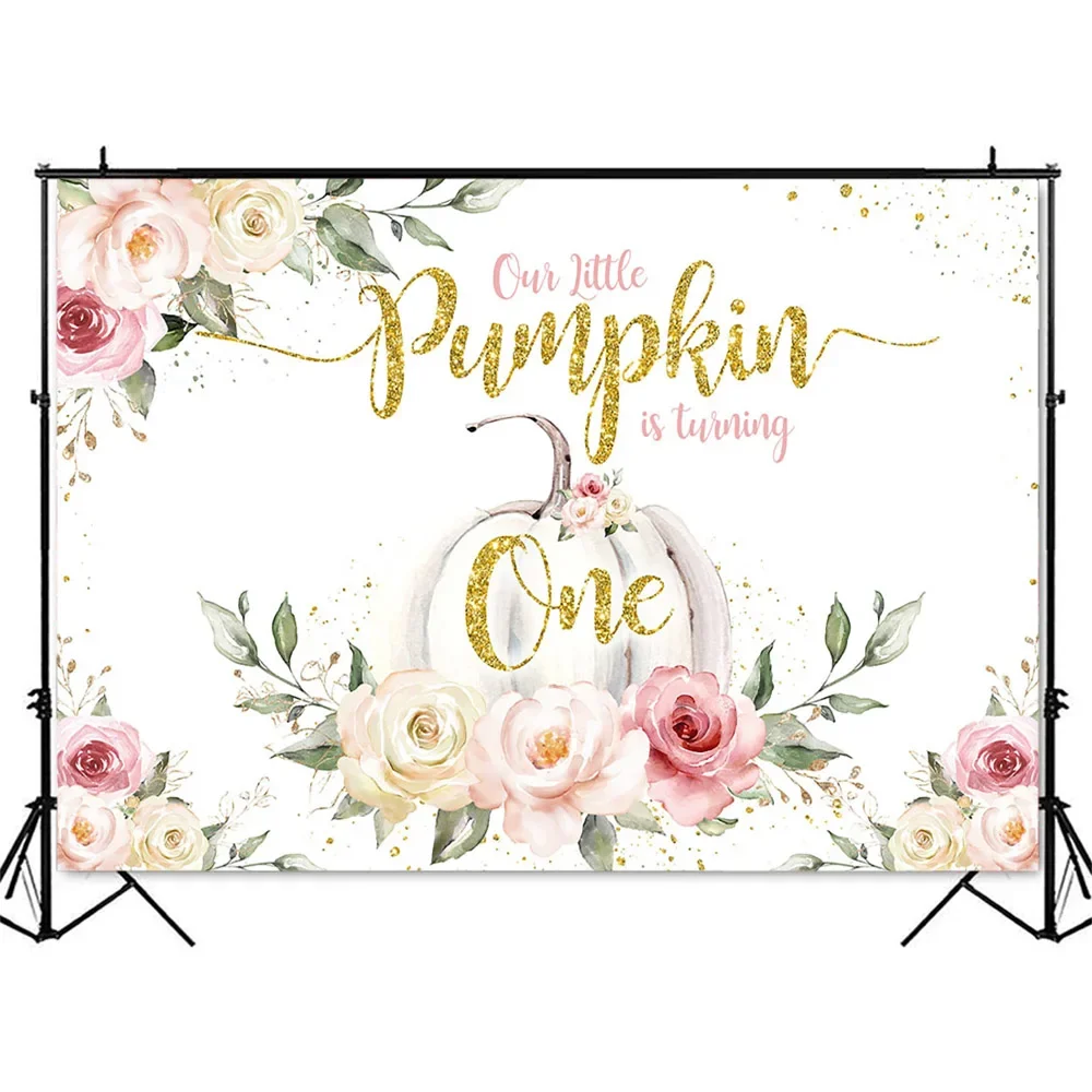 خلفية عيد الميلاد الأول على شكل يقطين صغير، خلفية صورة لعيد الميلاد الأول، زهور وردية، ذهبية لامعة، نقاط لامعة، ديكور للتصوير الفوتوغرافي