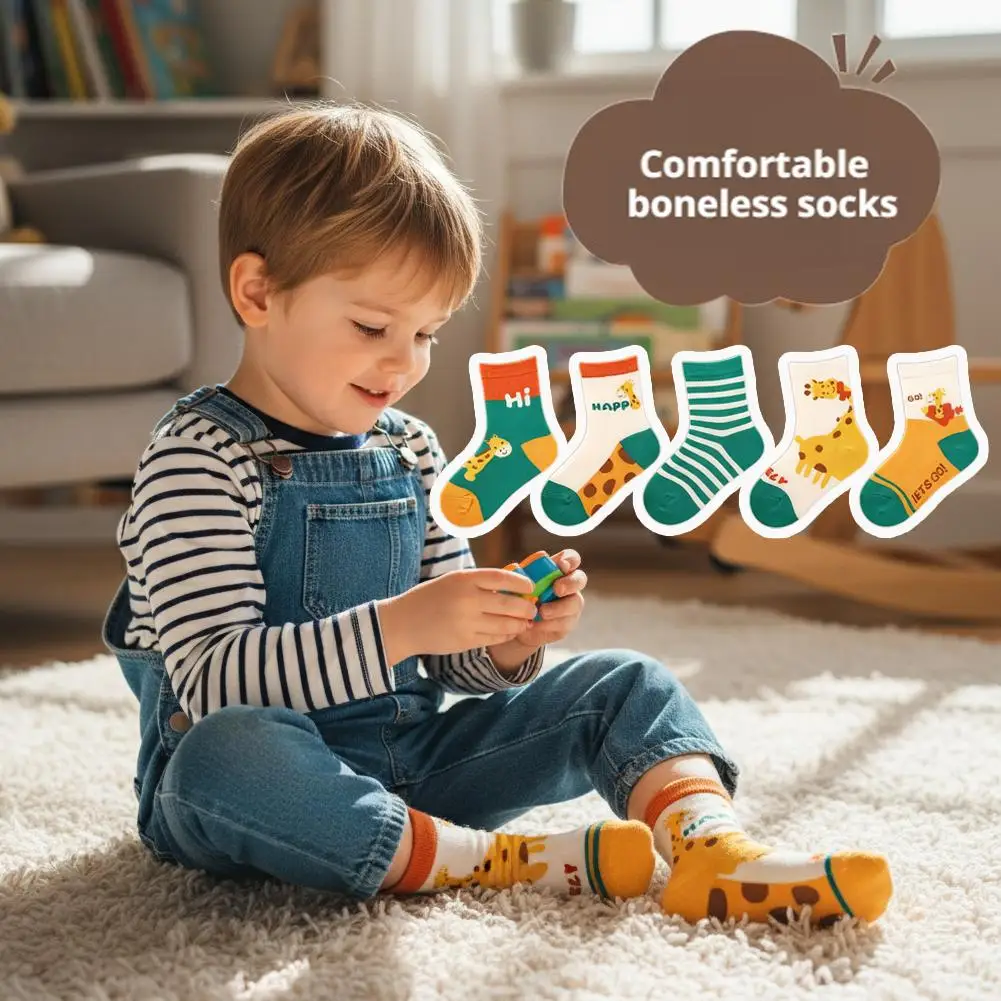 5 Paar Kindersocken mit niedlichem Tiermotiv, Frühling und Herbst, Baumwollsocken, Kinder-Socken mit Streifenmuster, 1–14 Jahre, mittlere Wadenlänge