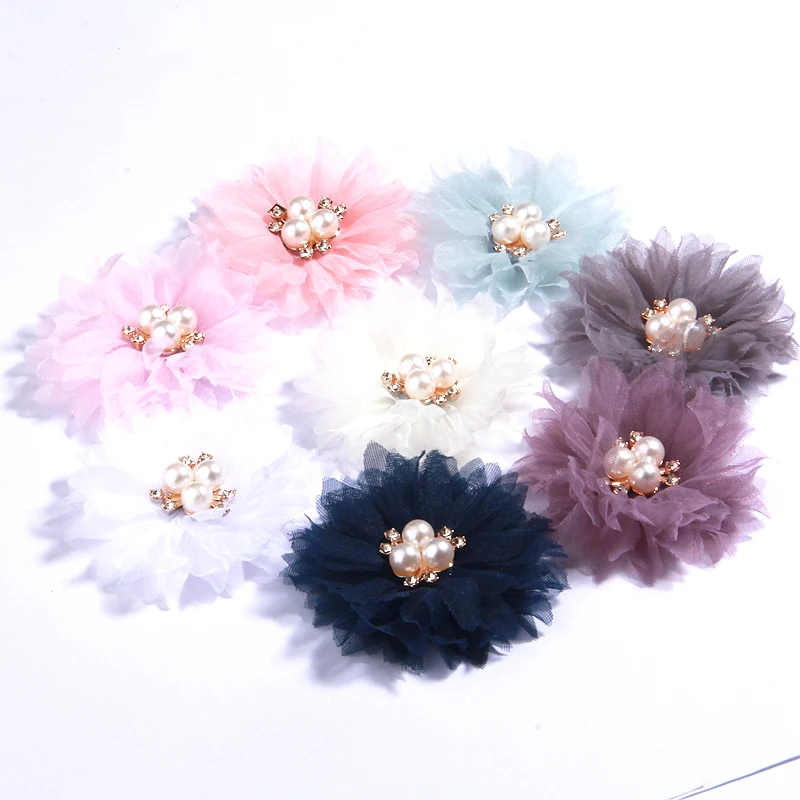 

20Pcs 6.5CM Handmade Fabric Flowers With Pearl Center For Baby Gilrs Headbands Chiffon Flower For Hair Clips Accessories Bouquet