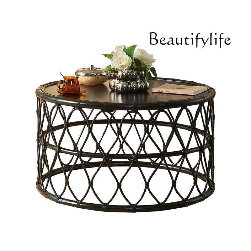 

Black living room small apartment modern simple medium and ancient style creative designer rattan weaving size coffee table