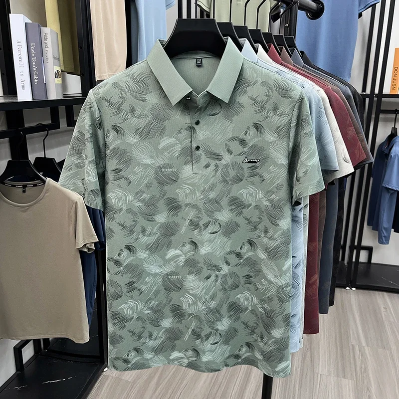 Mens Lapel Short Sleeve Polo Shirt Abstract Feather Print Small Chest Embroidery Office Daily Commute Casual Basic Tops