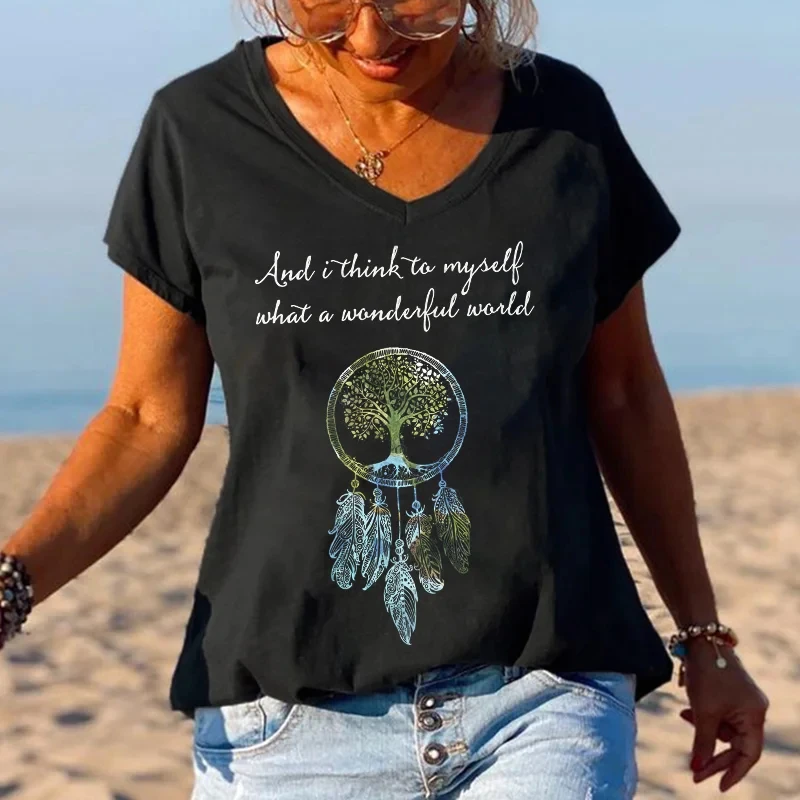 

Rheaclots Women's And I Think To Myself What A Wonderful World Printed Hippie Printed Graphic Tees