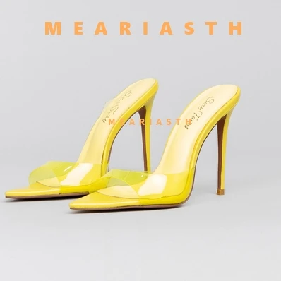 

Wine yellow Patent Leather Women Slippers Sandals Fashion pointed Open Toe Thin High Heels Mules Slides Summer Party Dress Shoe