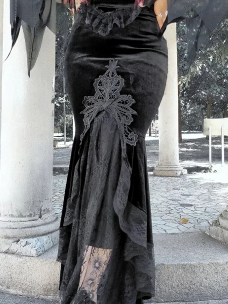 AltGoth Vintage Gothic Dark Velvet Dress Women Fairycore Grunge Lace Patchwork Trumpet Skirt Streetwear Partywear Emo Alt Skirts