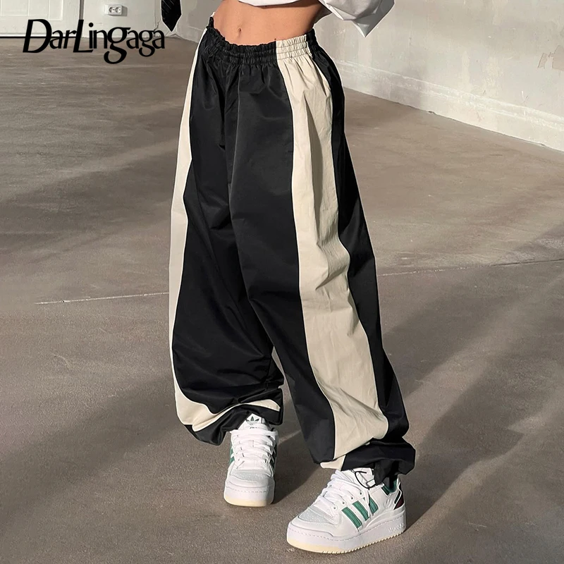 Darlingaga Streetwear Oversized Drawstring Baggy Pants Women Casual Patched Sporty Chic Joggers Harajuku Tech Trousers Contrast