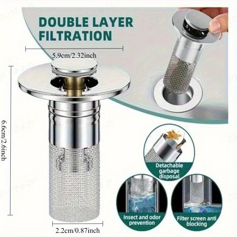 

2 шт. всплывающий фильтр для раковины, пробка из нержавеющей стали 304, латунный сердечник, умывальник, фильтр для улавливания волос для ванной комнаты, кухонная раковина