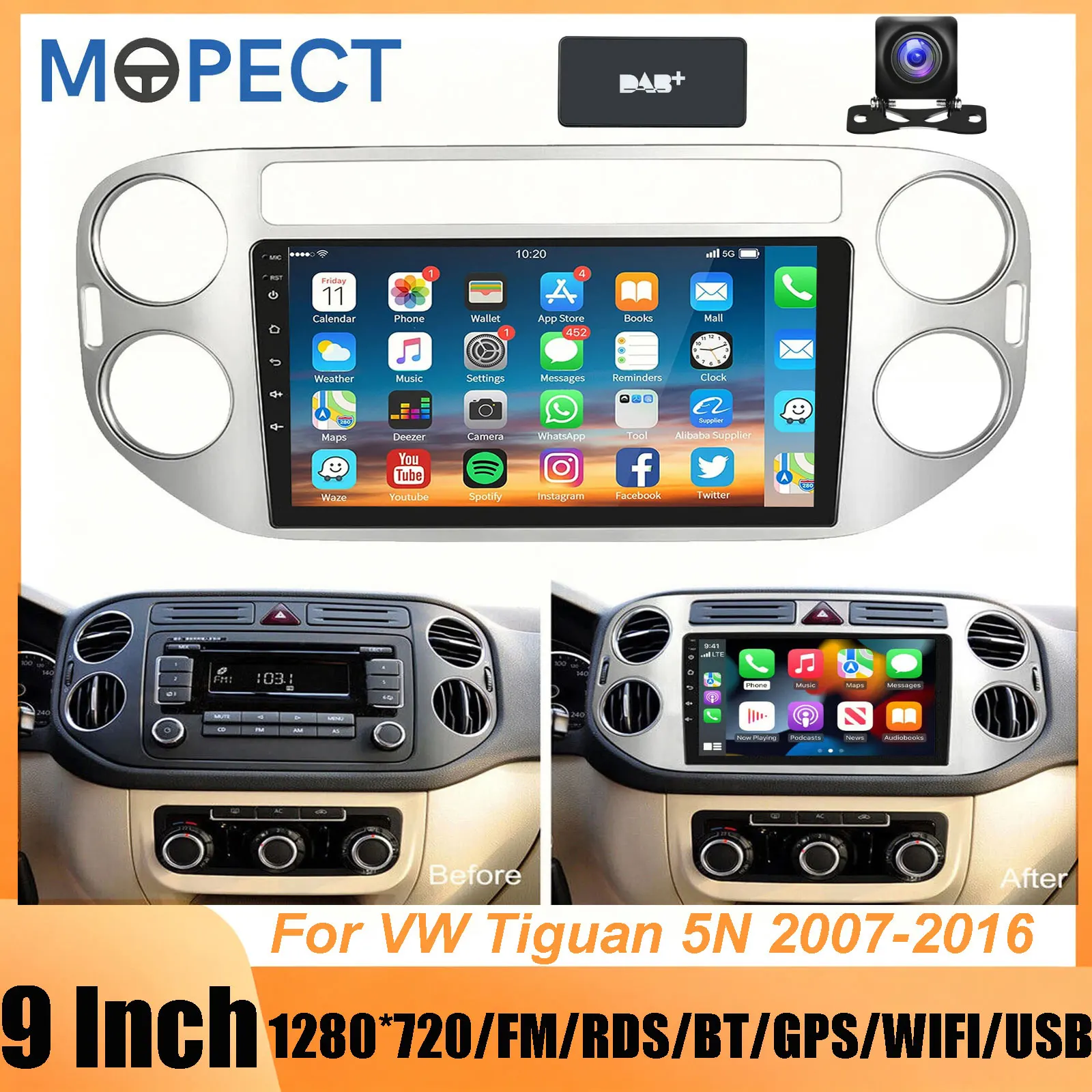 MOPECT 9 Zoll Auto-Radio Multimedia-Player Autoradio für VW Tiguan 5N 2010-2016 Wireless Carplay Android Auto Doppel-DIN Autoradio Touchscreen Mirror Link WiFi GPS NAVI BT FM SWC RDS DAB & Kamera