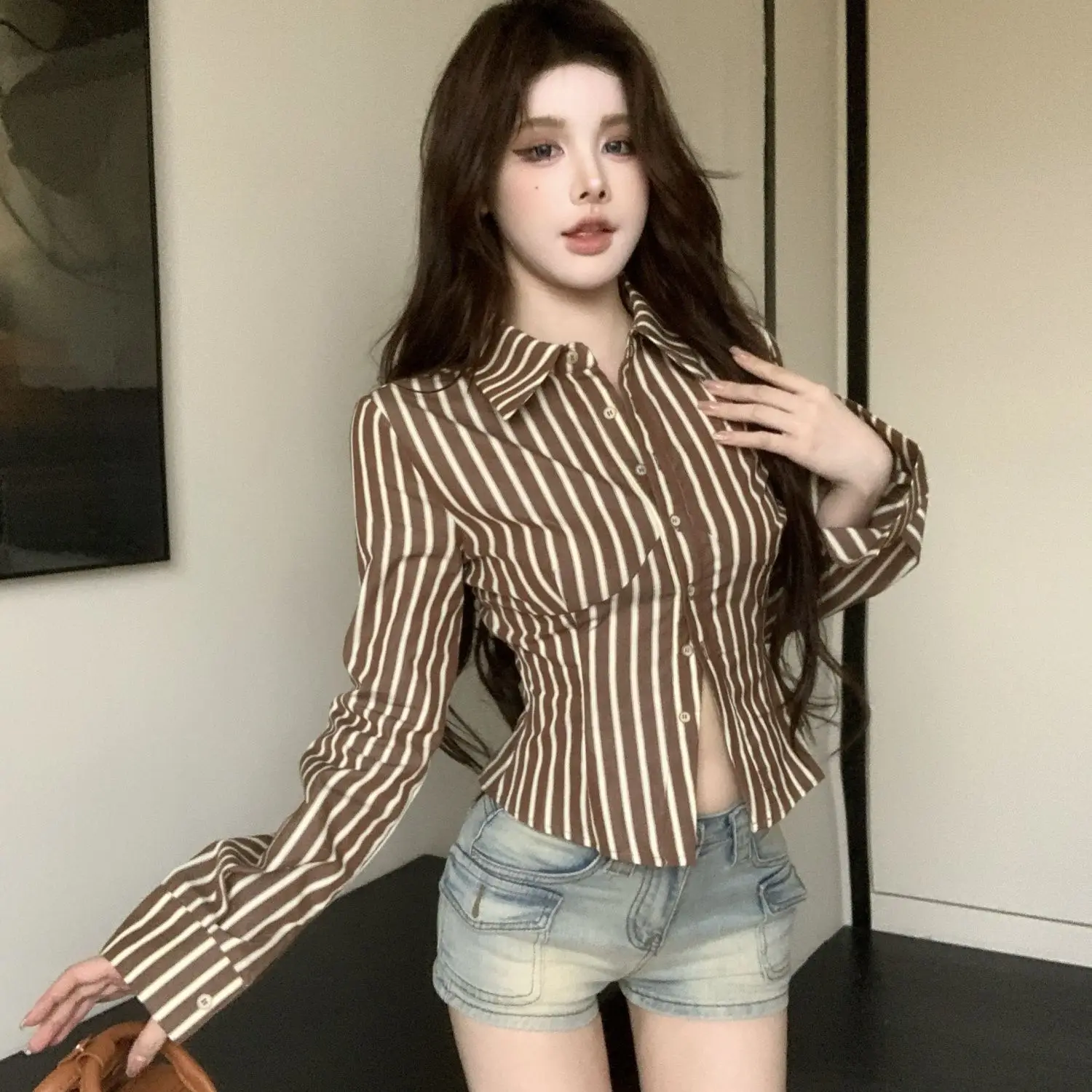 Retro Striped Shirt Button Long Sleeve New Fall Top Aesthetic Elegant Streetwear 2000s Casual Versatile