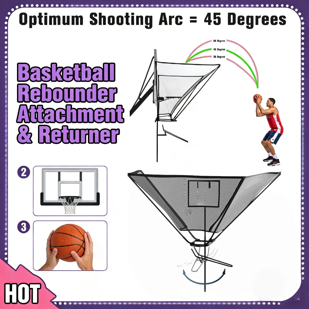 

Баскетбольный тренажер Rebounder Returner 180° ° Вращающийся желоб Быстрая установка Подходит для обода 18 дюймов 45 ° Стрельба дуга для тренировки суда внутри