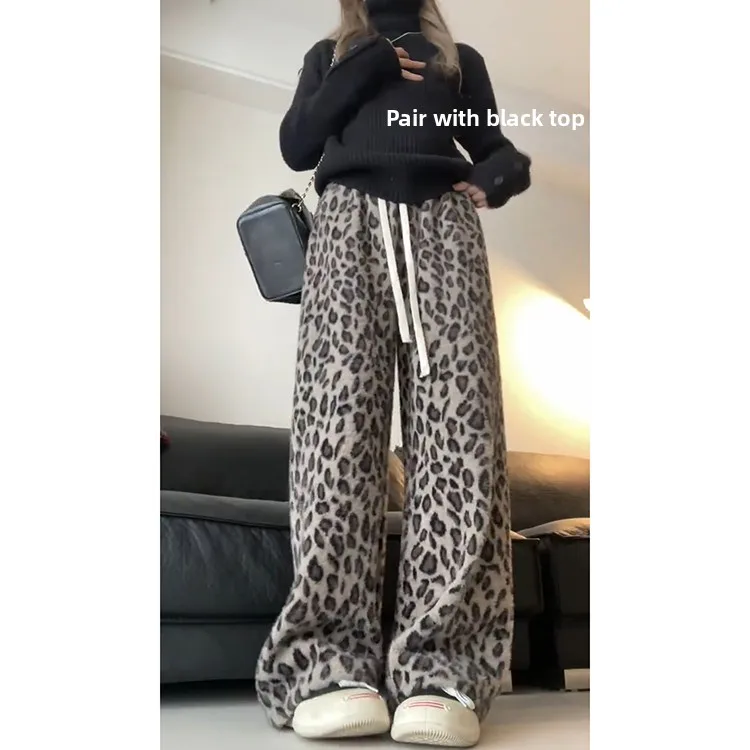 Trendy High Street Leopard Print Casual Pants Women's Autumn Winter Thiened Warm Wide Leg Pants American Sle Faux Fur Lined