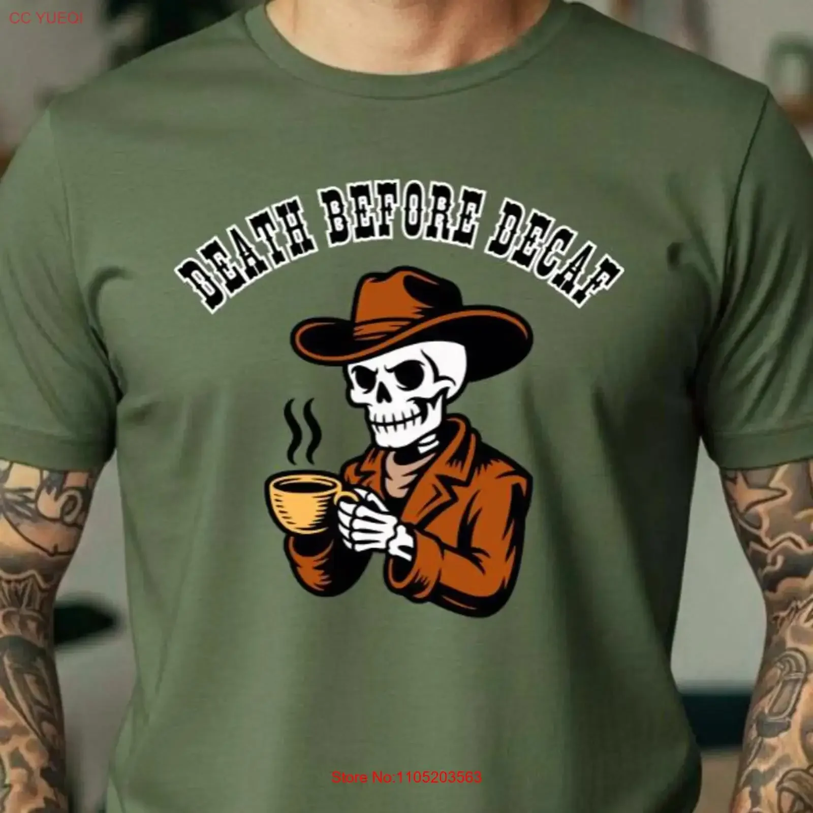 الموت قبل Decaf تي شيرت الهيكل العظمي كاوبوي القهوة الغربية مضحك عاشق القوطية هالوين قمة خمر غسلها الموضة قليلا #1