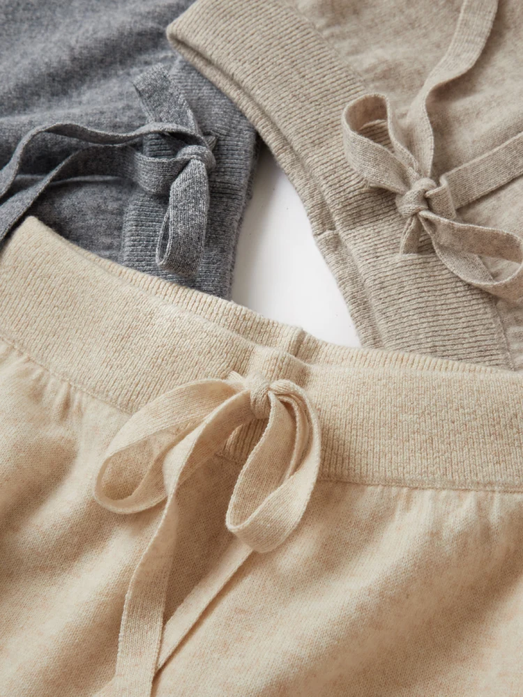 2025 New Women's 100% Merino Wool Knitted Wide Leg Pants Autumn Winter Basic Soft Cashmere Knit Trousers Casual Drawstring Style