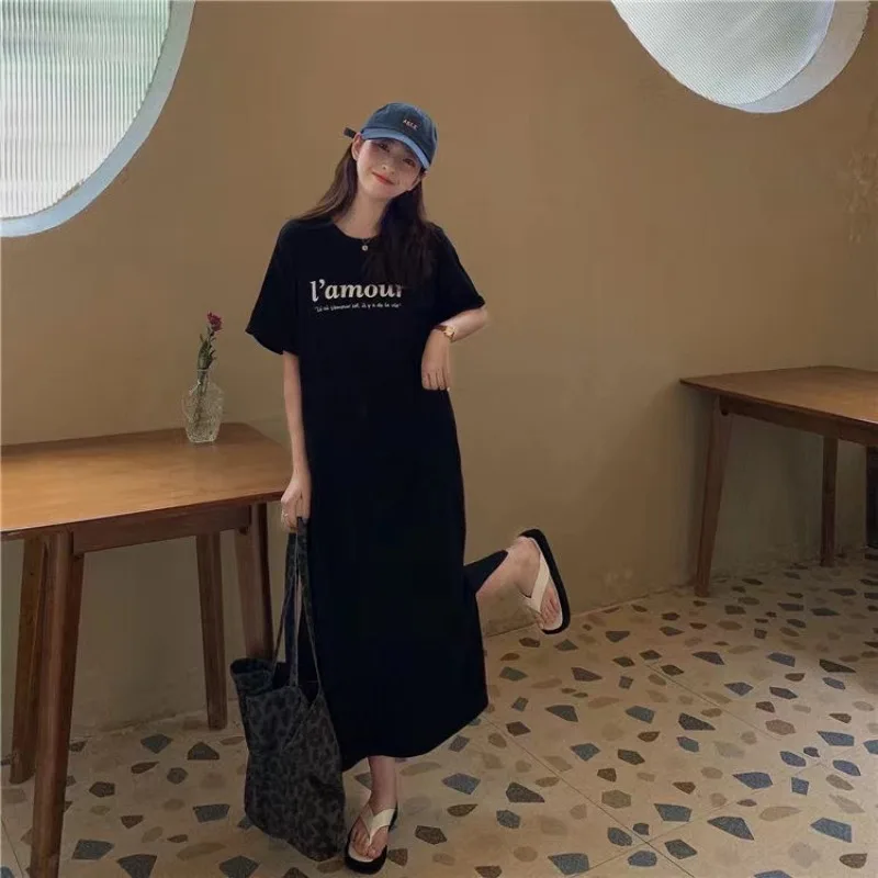 Damen Sommer Übergröße Locker Sitzendes Bequemes T-Shirt-Kleid Bedrucktes Knielanges Lässiges Kurzarm-Kleid für Kurvige Damen