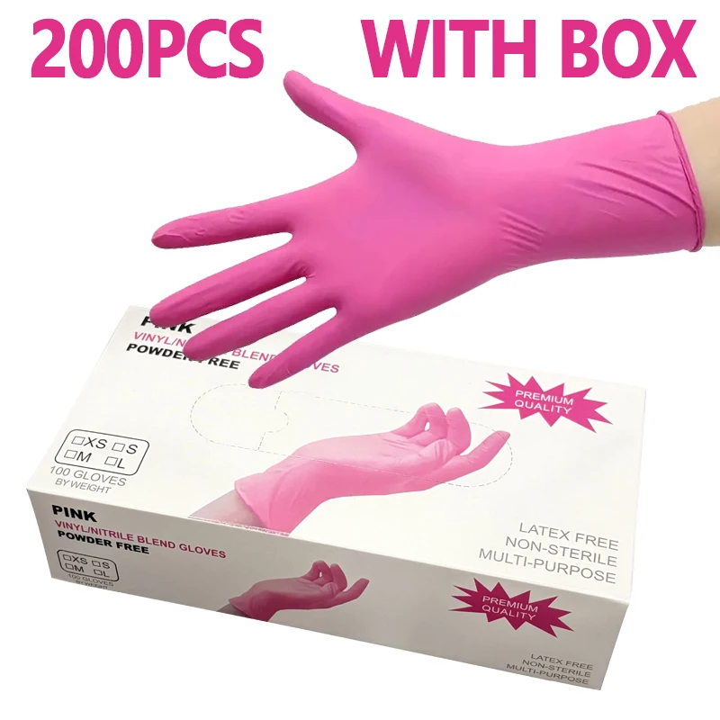 

200PCS With Box Nitrile Disposable Gloves Household Cleaning Disposable Pink Nitrile Gloves Nail Art Hairdressing Pet Bathing