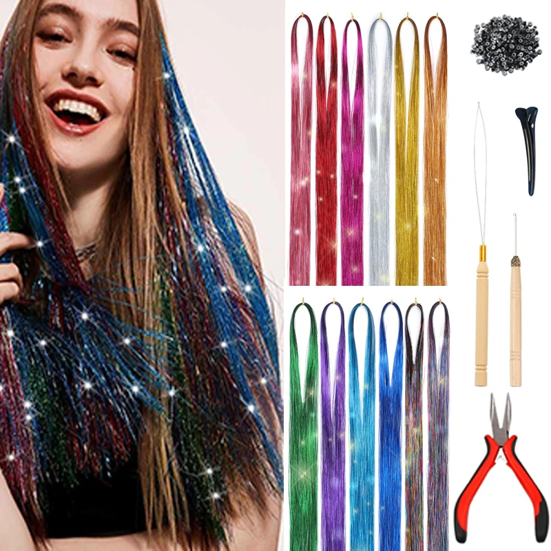 

12 Pcs Sparkle 48 Inch Extra Long Straight Hair Tinsel With 6pcs Hair Tool,Synthetic Hair Extension Kit,Colorful Hair piece